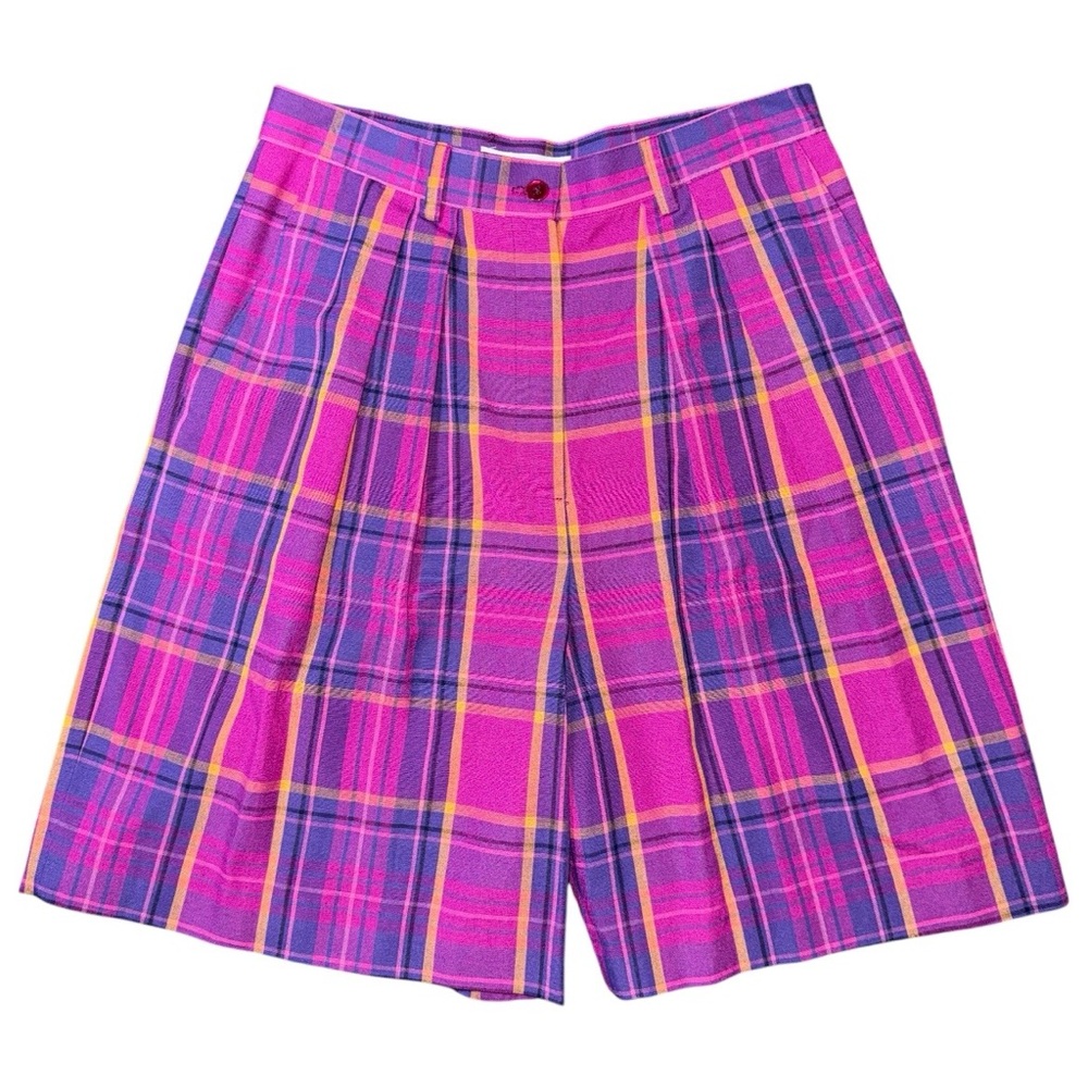Vintage 90s Casual Corner High Waisted Pink Purple Plaid Linen Shorts Sz 12 USA